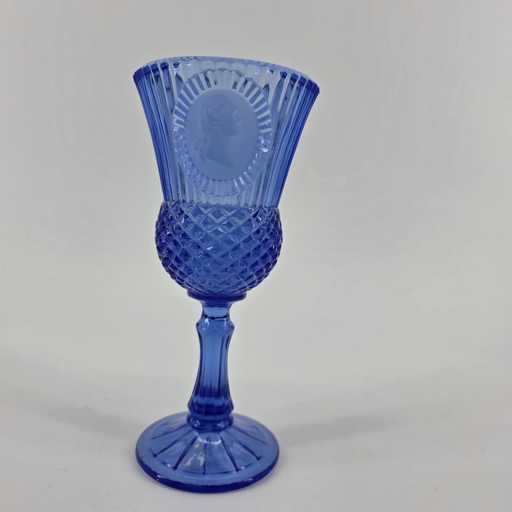 Vintage AVON GEORGE WASHINGTON BLUE GOBLET STEMMED GLASS FOSTORIA CAMEO